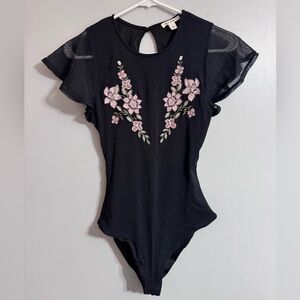 Miami Black Bodysuit with Pink Floral Embroidery Size Small